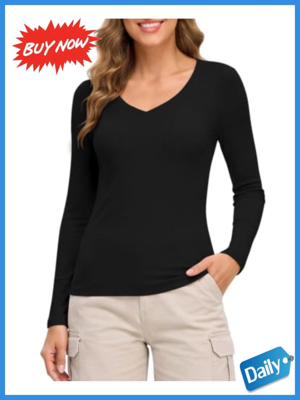 Merino Wool Blend Long Sleeve V Neck Fitted Tee